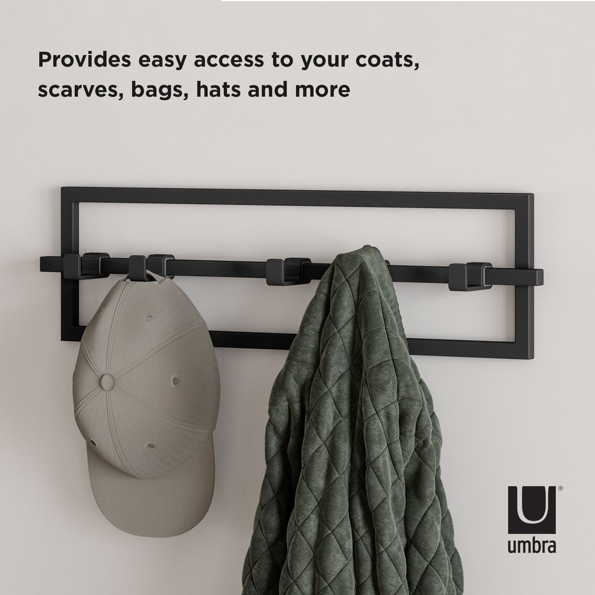 Umbra Cubiko Wall-Mounted Steel Coat Rack with 5 Adjustable Hooks, Black